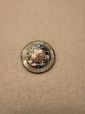 Vintage Mexico Alpaca Silver Abalone Mother of Pearl Floral Mosaic Brooch Pin